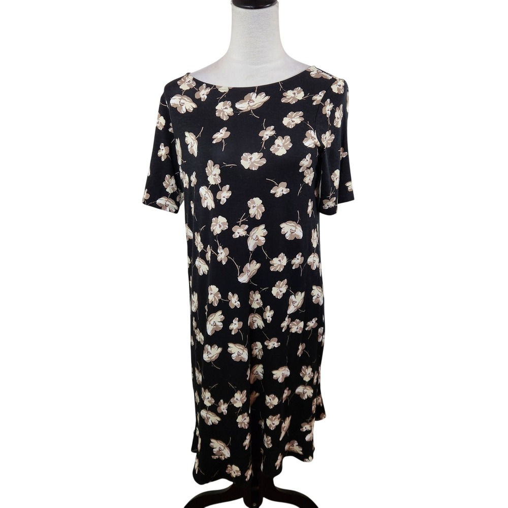 J Jill Black Floral Midi Dress Women's XS Short Sleeve Boat Neck Cottagecore NWT